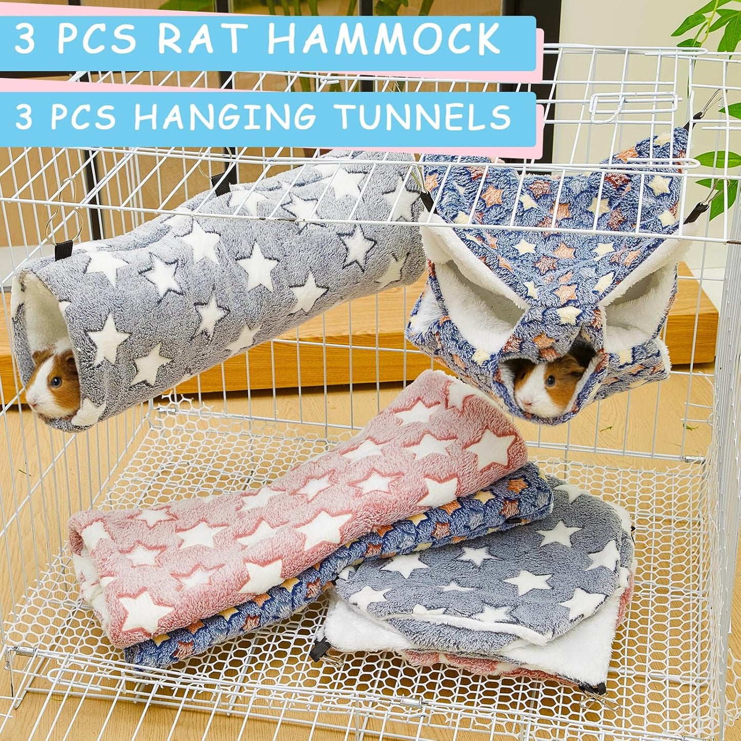 Sweetude 6 Pcs Rat Hammock Set Ferret Hanging Tunnel 3 Tier Guinea Pig Hammocks Hideout Soft Chinchilla Bed for Cage Accessories Hide,Play and Sleep (Dark Color Scheme,Star)