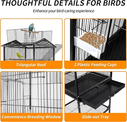 Bird Cage 47 inch Wrought Iron Parakeets Cage with Play Open Top and Rolling Stand Medium Small Bird Cage for Parrots, Budgerigars, Parakeets, Cockatiels, Lovebirds