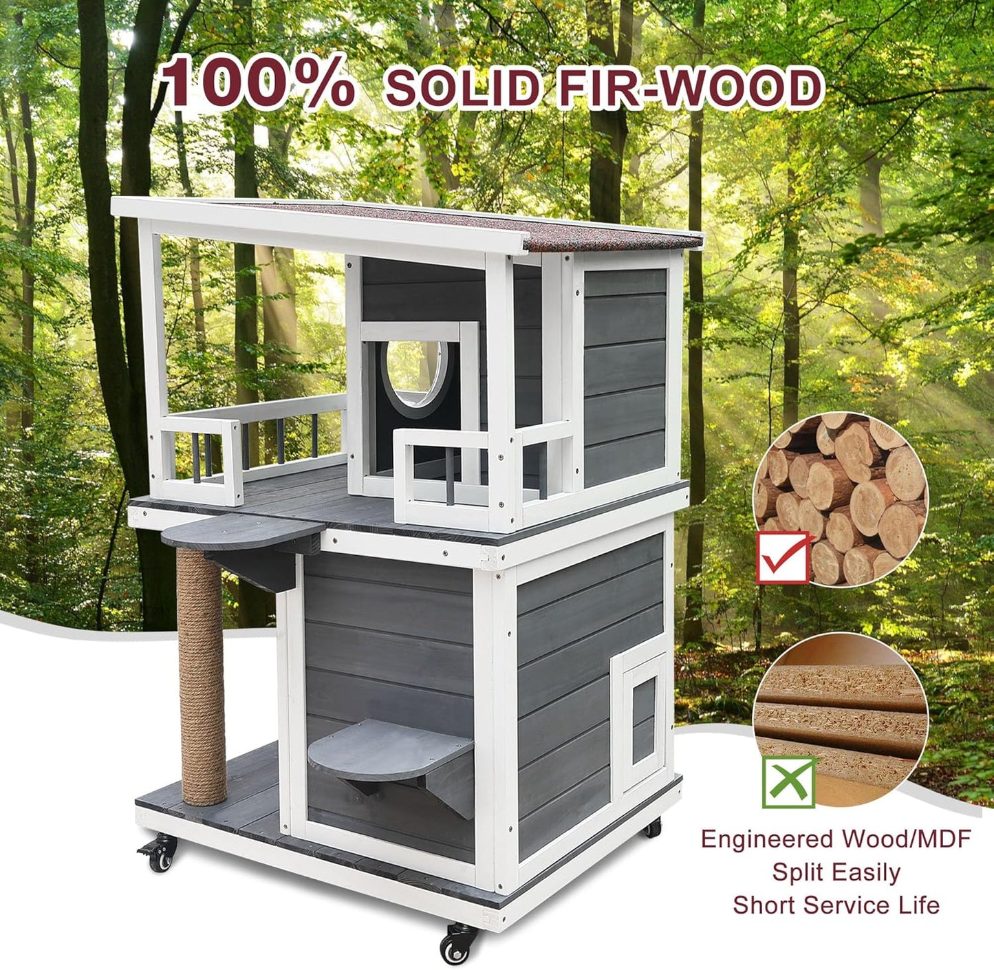 Rockever Outdoor Cat House, 2 Story Outdoor Cat Houses for Feral Cats Wooden Outside Cat Shelter Weatherproof with Escape Door & Cat Scratching Post