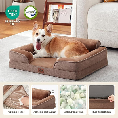 Orthopedic Dog Beds for Medium Size Dogs, Waterproof Egg-Crate Foam Pet Couch Bed with Soft Sides, Non-Slip Dog Sofa with Flannel Removable Washable Cover, 28" L Supportive Pet Sofa, Brown