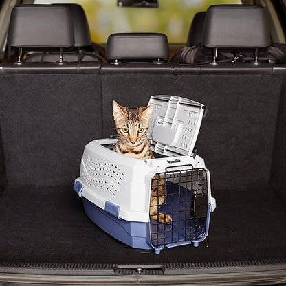 Amazon Basics 2-Door Top-Load Hard-Sided Cat Pet Travel Carrier, 19.0" L x 12.6" W x 10.0" H, Gray & Blue