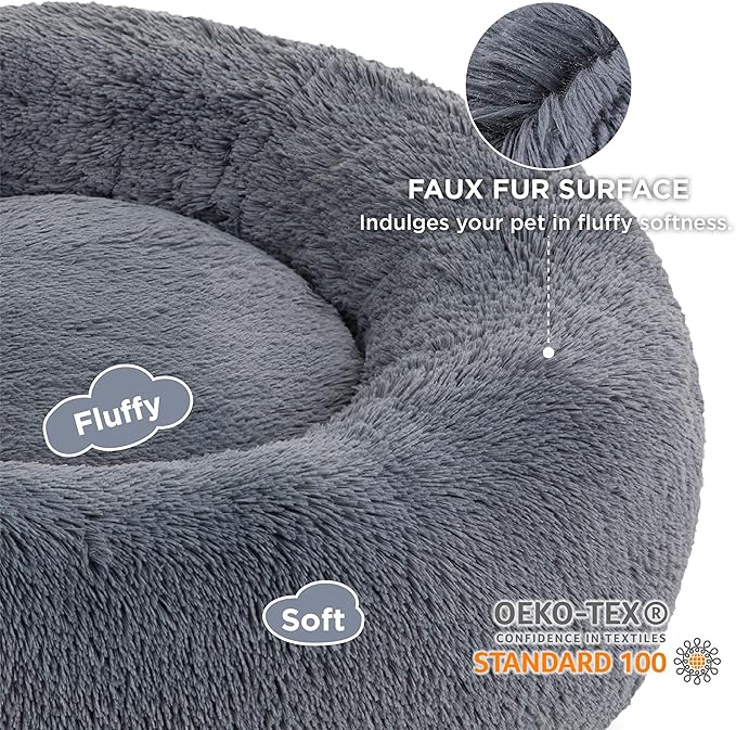 Bedsure Calming Dog Bed for Extra Large Dogs - Donut Washable Large Pet Bed, 45 inches Anti-Slip Round Fluffy Plush Faux Fur Dog Bed, Fits up to 120 lbs Pets, Dark Grey
