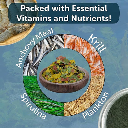 Aquatic Foods Inc. Community & Tropical Fish Flakes, for Angel Fish, Guppies, Live Bearers, Loaches, Gouramis, Catfish, Cichlids, 12-Type Pellet Mix & 4-Type Wafer Mix Included..2.65oz Canister