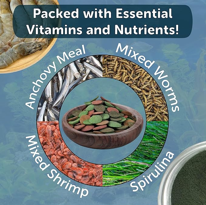 Aquatic Foods Inc. 4-Type 12mm - 1/2" Sinking Wafer Mix of Spirulina-Algae, Ultra-Worm, Shrimp, Color Enhancing for Shrimp, Snails, Crabs, Crayfish, Bottom Fish, 12-Type Pellet Mix Included 6.0oz