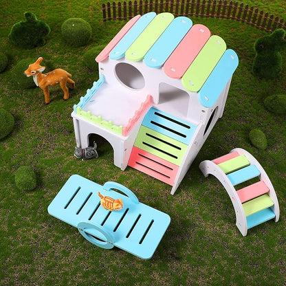 Skylety 3 Pieces Fun Hamster Toys Guinea Pig Hideout Include PVC Hamster House, Rainbow Bridge, Seesaw Toy DIY Exercise Play Toys for Rats Mouse Small Animals (Large, Rainbow Color)