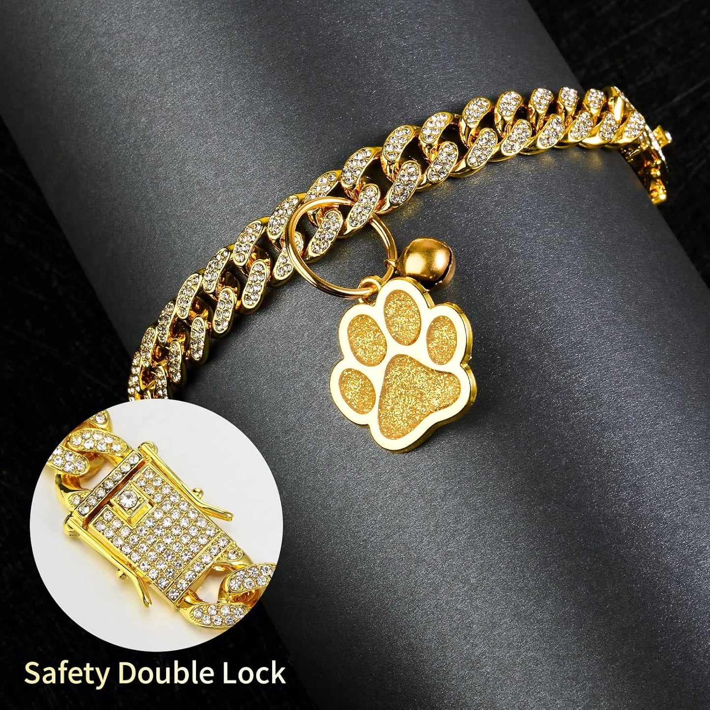 Hillban Cat Collar Diamond Chain Glitter Collar Walking Metal with Secure Buckle Cat Pet Necklace with Paw Charm and ID Tag Bell Link Cuban Jewelry Accessories(10 Inch,Gold)