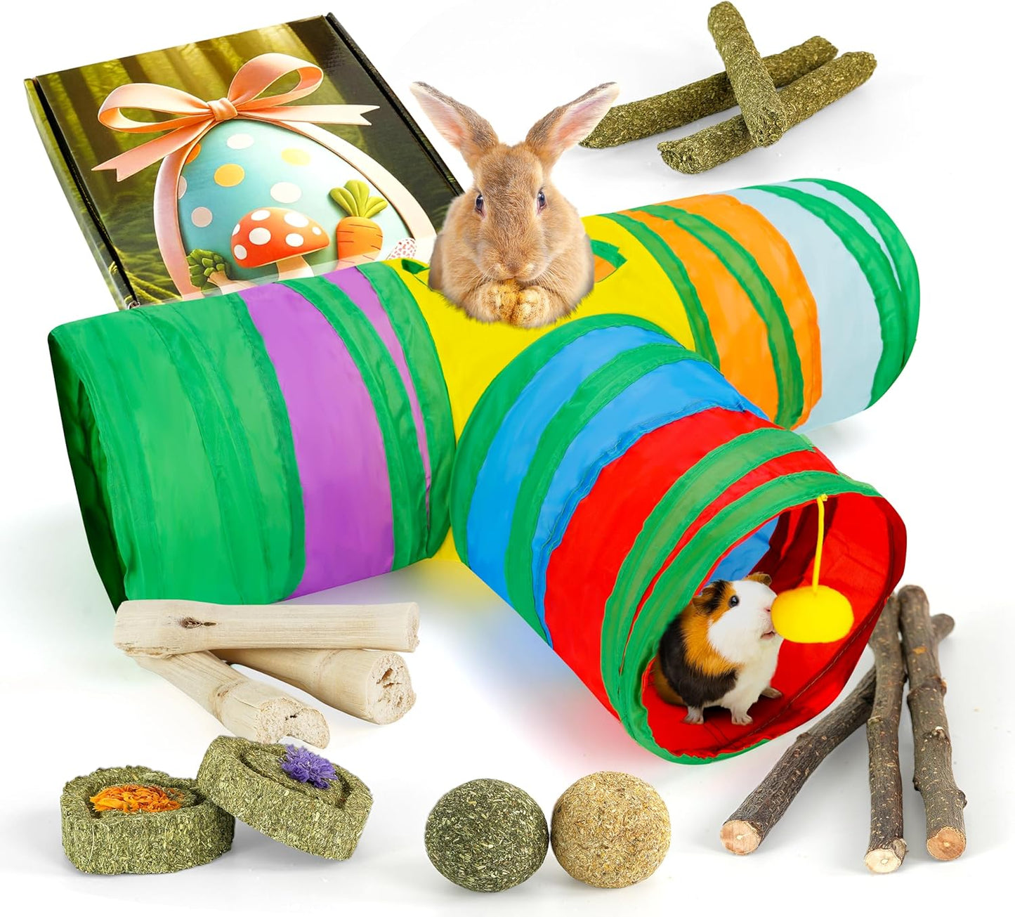 Bunny Tunnels & Tubes Collapsible 3 Way Rabbit Hideout with 13pcs Toys for Bunny Guinea Pig Hamster Chinchilla Hedgehog Rat Ferret Kitten (Colorful)