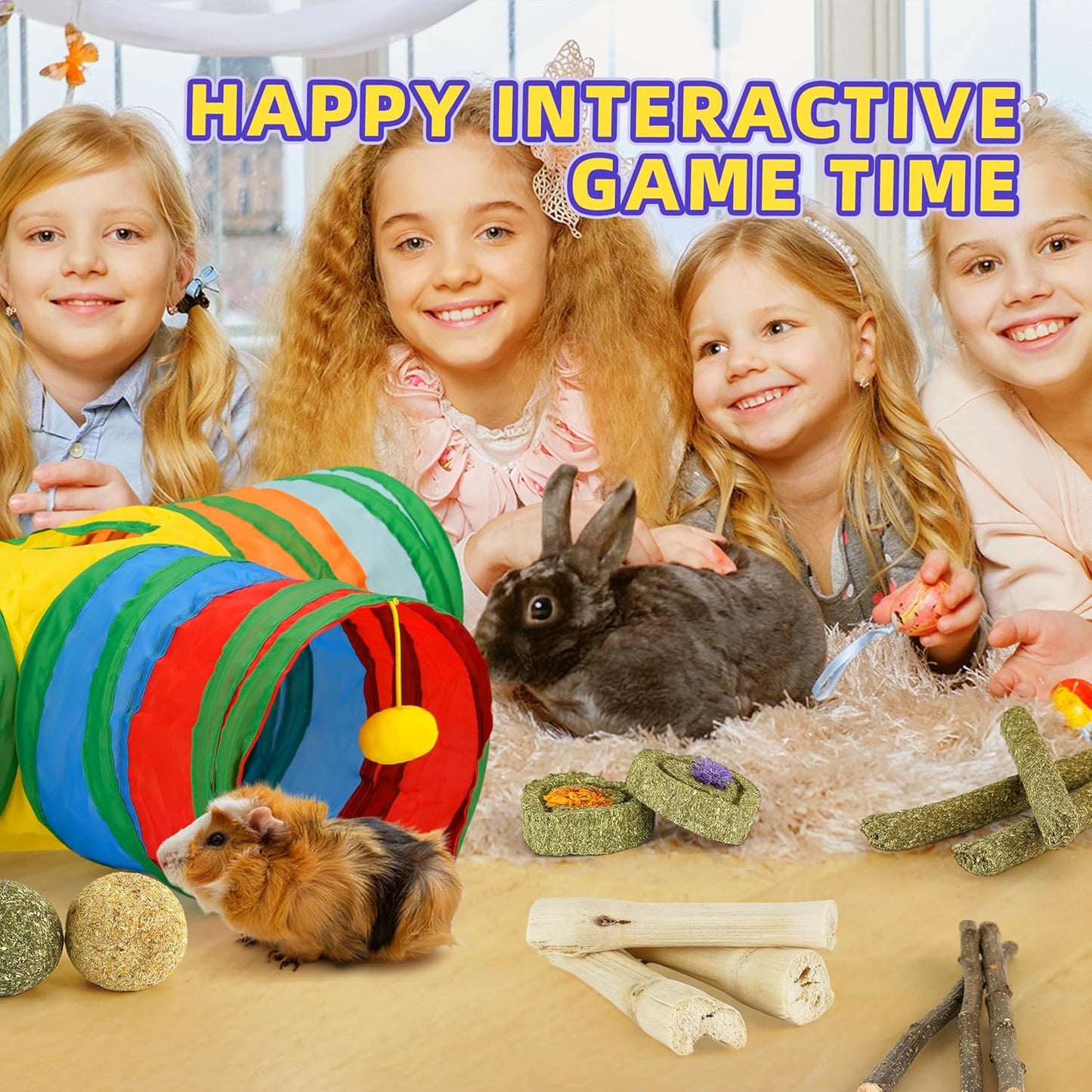 Bunny Tunnels & Tubes Collapsible 3 Way Rabbit Hideout with 13pcs Toys for Bunny Guinea Pig Hamster Chinchilla Hedgehog Rat Ferret Kitten (Colorful)