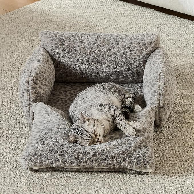 Hollypet Cat Bed Fluffy Plush Mutifuctional Double-Layer Soft Pet Couch Orthopedic Sofa Nest Beds for Small Cats and Dogs, Snow Leopard (21x15x8 inch)