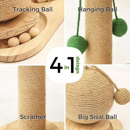 Cat Scratching Post, Wooden Cat Scratcher Toy for Indoor Cats, Sisal Ball Toy with Hanging and Track Balls, 17.7" Tall Banana Tree Cat Tower for Kittens