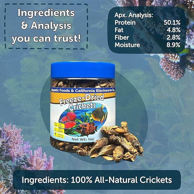 Aquatic Foods Inc. Crickets, Freeze Dried Crickets for Large Tropical Fish, Monster Fish, Reptiles, Turtles, Tortoises, Frogs, Hamsters, Birds, Rodents 3oz Canister
