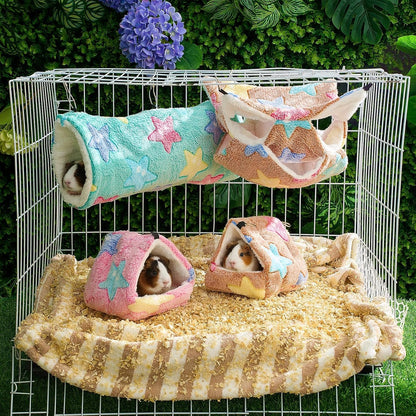 Abbylike 9 Pieces Rat Hammock 3 Tier Guinea Pig Ferret Hammocks Small Pet Hanging Tunnel Glider Toy Guinea Pig Ferret Hideout Bed Cage Accessories for Hamster (Green, Pink, Brown,Stars)