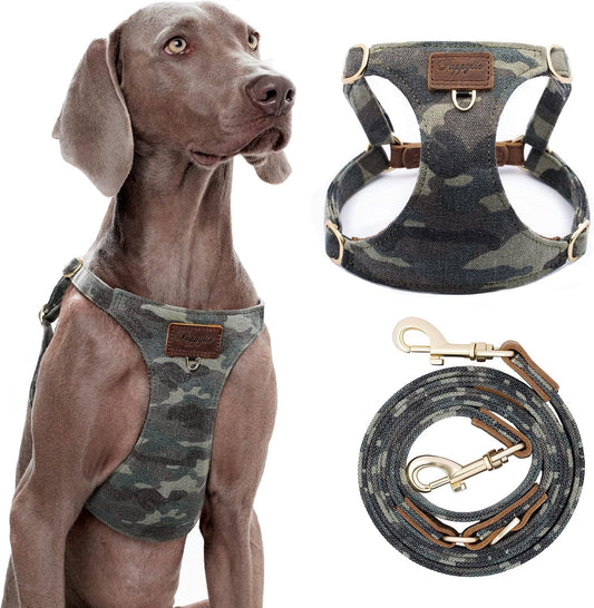 Dog Harness, No Pull Dogs Harness and Multi-Function Leash Set for Medium Dogs Easy Walk Everyday Adjustable Soft Dog Vest Harness Fashionable Dog Accessories Camouflage Green-L
