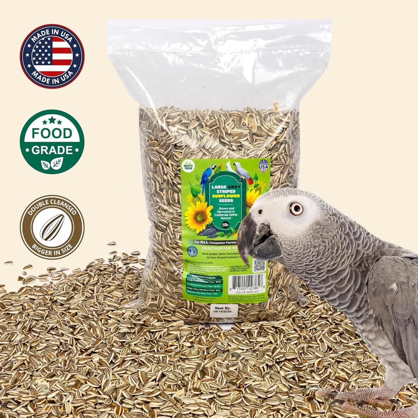 Nemeth Farms – 5 Lb Bag, Premium Large Gray Striped & Air Cleaned Sunflower Seeds, Natural Bird Food for Parrots, Cockatiels, Parakeets, Finches & Wild Birds, Non-GMO, Feeder-Ready & Plantable