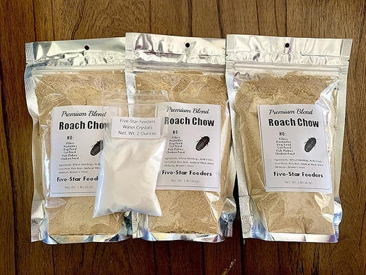 Premium Roach/Cricket Chow and Water Crystal Combos by Five-Star Feeders (3 lb. Roach Chow and 2 oz. Water Crystals)
