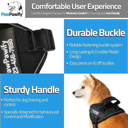 PawPawify Custom No Pull Dog Harness with Name and Phone Number, Heavy Duty Personalized Pet Vest to Prevent Tugging, Pulling, or Choking, Training and Walking (New Black, XXL (85-140 LBS))