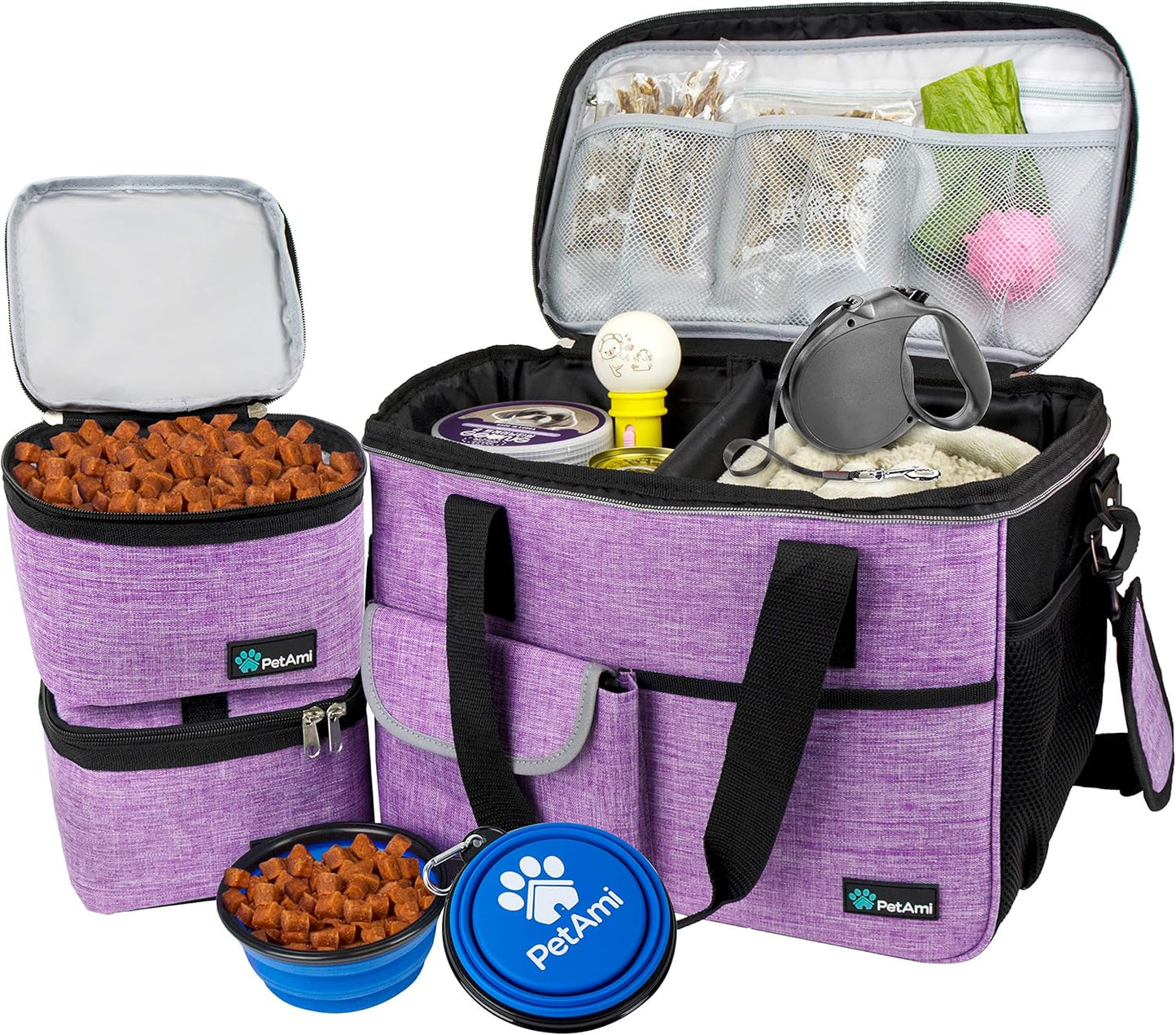 PetAmi Dog Travel Bag - Travel Pet Organizer with Food Container and Bowls, Perfect for Weekend Camping, Cat Diaper Bag (Purple, Medium)