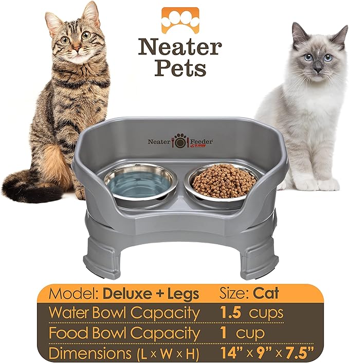 Neater Feeder Deluxe Mess Proof Cat Bowls Elevated for All Breeds – Made in USA – No Spill Raised Cat Bowls for Indoor Cats w/Leg Extensions – Stainless Steel Cat Food and Water Bowl Set - Grey