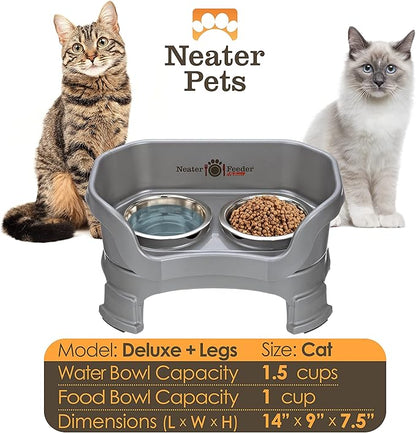 Neater Feeder Deluxe Mess Proof Cat Bowls Elevated for All Breeds – Made in USA – No Spill Raised Cat Bowls for Indoor Cats w/Leg Extensions – Stainless Steel Cat Food and Water Bowl Set - Grey
