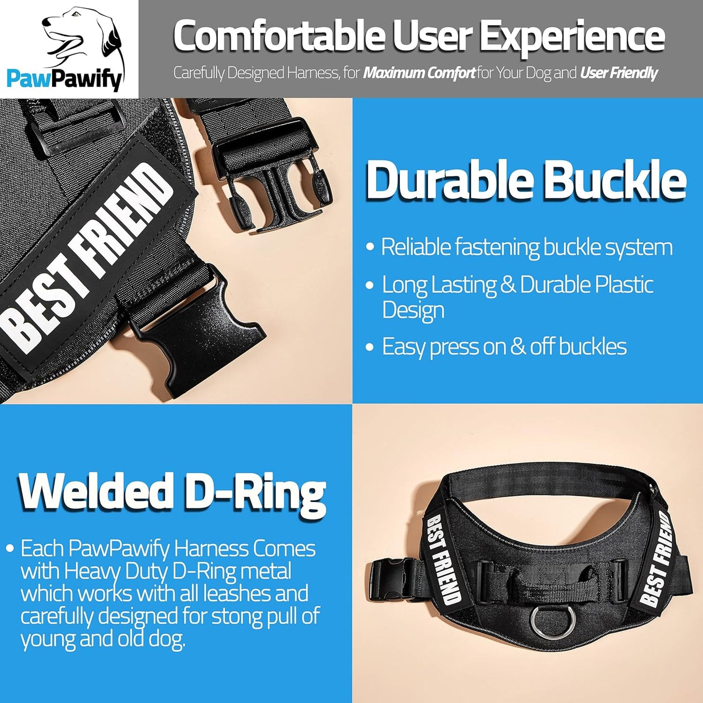 PawPawify Custom No Pull Dog Harness with Name and Phone Number, Heavy Duty Personalized Pet Vest to Prevent Tugging, Pulling, or Choking, Training and Walking (Black, XS (Chest 14-17in))