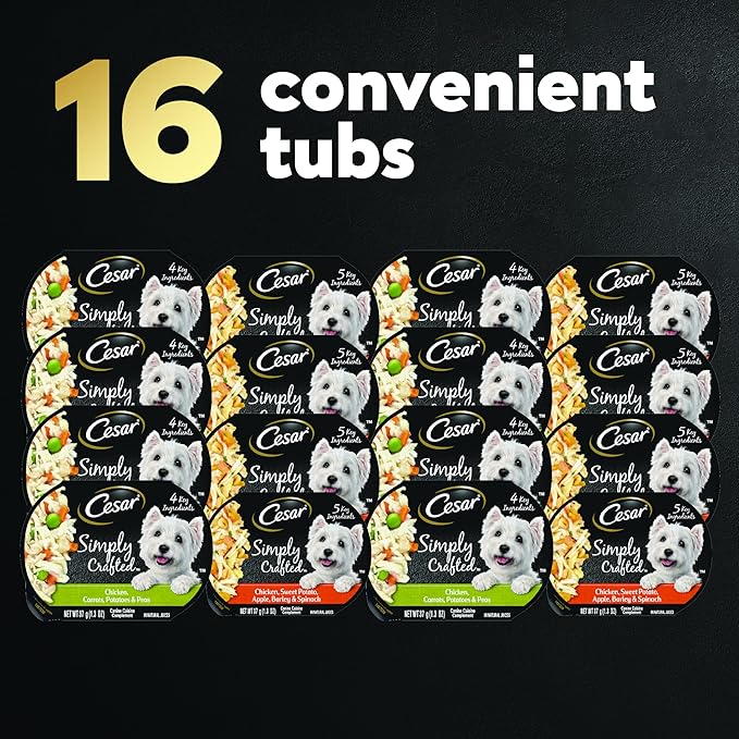 Cesar Simply Crafted Adult Wet Dog Food Meal Topper, Chicken, Carrots, Potatoes & Peas and Chicken, Sweet Potato, Apple, Barley & Spinach Variety Pack (8 Count, Pack of 2)