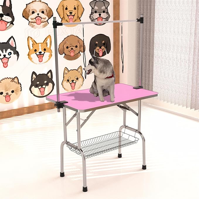 42" Dog Grooming Table Foldable Pet Grooming Tables with Adjustable Arm Noose Storage Mesh Tray Maximum Capacity Up to 330lbs Pink