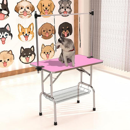 46" Dog Grooming Table Foldable Pet Grooming Tables with Adjustable Arm Noose Storage Mesh Tray Maximum Capacity Up to 330lbs Pink