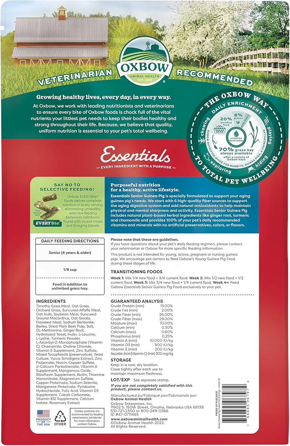 Oxbow Essentials Senior Guinea Pig Food, Made Alfalfa for Guinea Pig, Pet Food Pellets with Vitamin C, Small Animal Pet Products, Made in USA, High Fiber, 8 lb. Bag