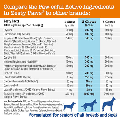 Zesty Paws Senior Dog Multivitamin Treats - Glucosamine for Dogs + Digestive Enzymes & Probiotics - Grain Free Dog Vitamins and Supplements for Skin & Coat + Immune Health Chicken - Advanced - 90ct