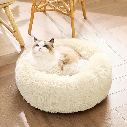 Bedsure Calming Cat Beds for Indoor Cats - Small Cat Bed Washable 20 inches, Anti-Slip Round Fluffy Plush Faux Fur Pet Bed, Fits up to 15 lbs Pets, Ivory Beige
