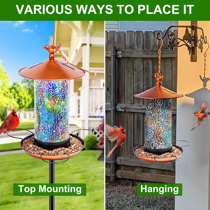 XDW-GIFTS Mosaic Solar Wild Bird Feeder with Pole Kit, Waterproof Lantern Design with Adjustable Heavy-Duty Bird Feeder Post for Outside, Garden- Unique Gifts for Mom,Women, Grandma,Bird Lovers