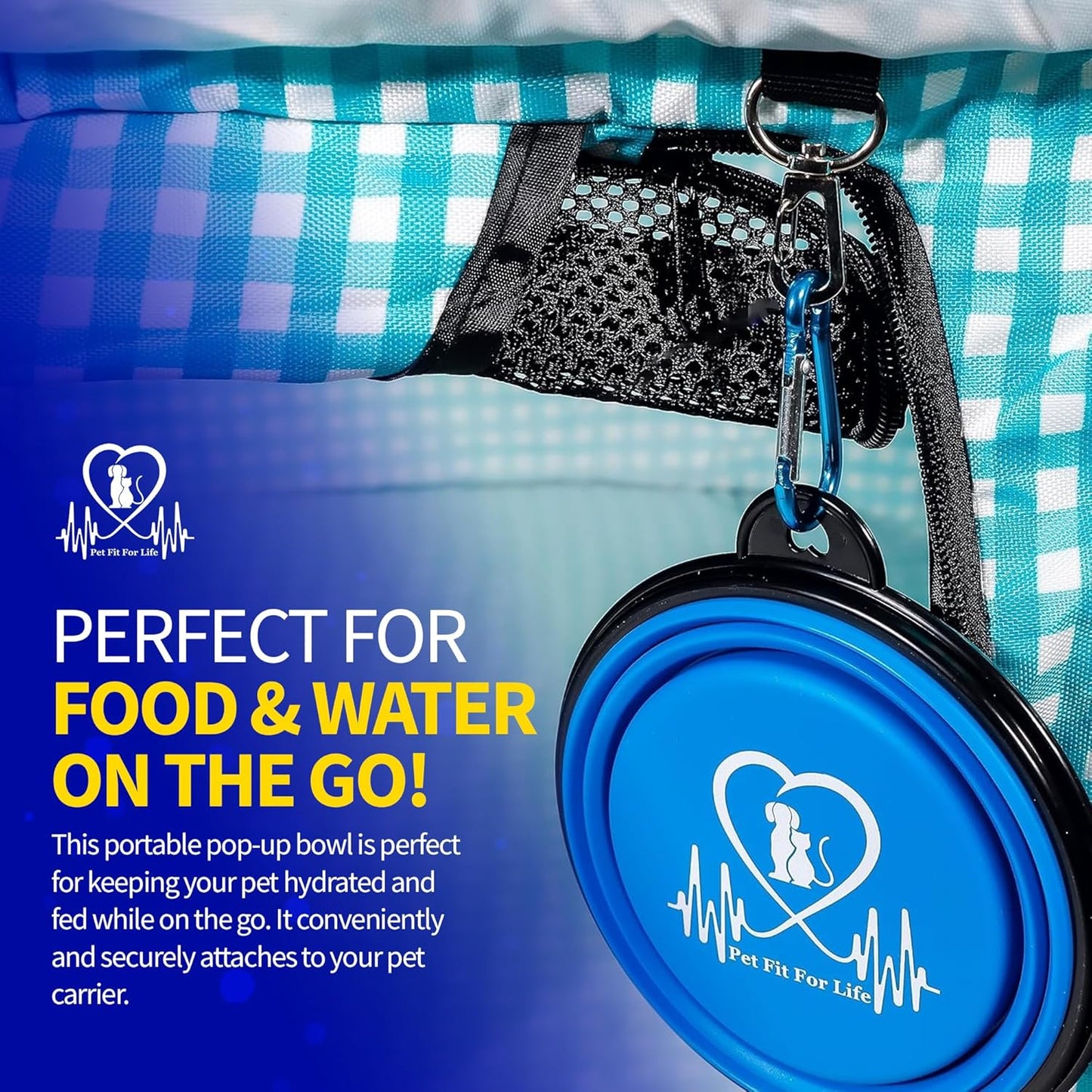 Pet Fit For Life Extra Large Cat Carrier for Travel - Foldable & Portable Collapsible Kennel with Litter Box, Feather Toy & Water/Food Bowl - Ideal for Cars, Long Trips & Indoor Cats - Teal Checkers