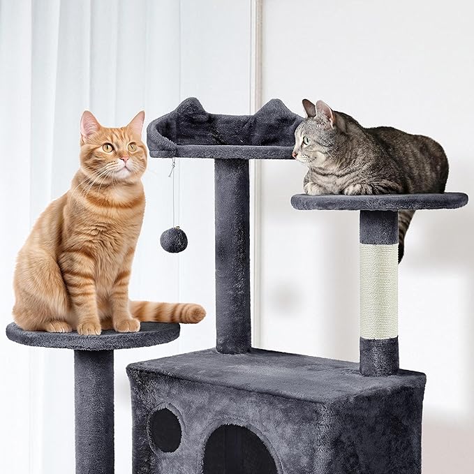 Yaheetech XL Cat Tree, 80in Multi-Level Tower With Scratching Posts, Double Caves, Perched Platforms and Dangling Balls, Stand House for Kittens Pet, Dark Gray