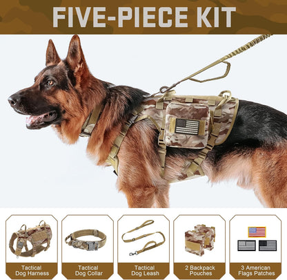 Forestpaw Tactical Dog Harness Tactical Dog Collar with Bungee Leash Set,No Pull Military Dog Harness for Walking Training,Adjustable for Medium Large Dogs,Camouflage Brown,Chest 19.5-41.5"
