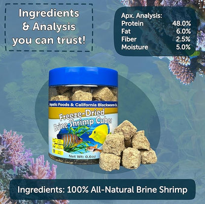 Aquatic Foods Inc. Brine Shrimp, Freeze Dried Floating Brine Cubes for Cichlids, Discus, Tetras, Goldfish, Bettas, Angels, Marines, All Tropical Fish, Aquatic Turtles 0.6oz Canister