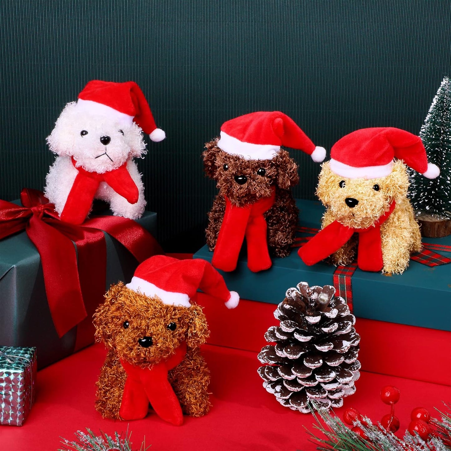 Fovths 16 Pieces 4.3 Inches Christmas Mini Plush Dogs Stuffed Animals with Santa Hat Scarf Keychain Cute Stuffed Puppy Toy Soft Stuffed Doll Goodie Bag Fillers for Christmas Party Favor, 4 Colors