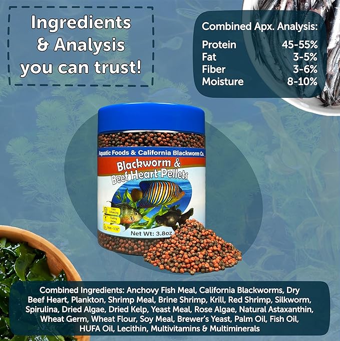 Aquatic Foods Inc. 1mm -1/32" California Blackworm & Beef Heart Floating Pellets for Marines, Cichlids, Tropical Fish, Koi & Pond Fish, 4-Type Wafer & 12-Type Pellet Mix Included 7.75oz Canister