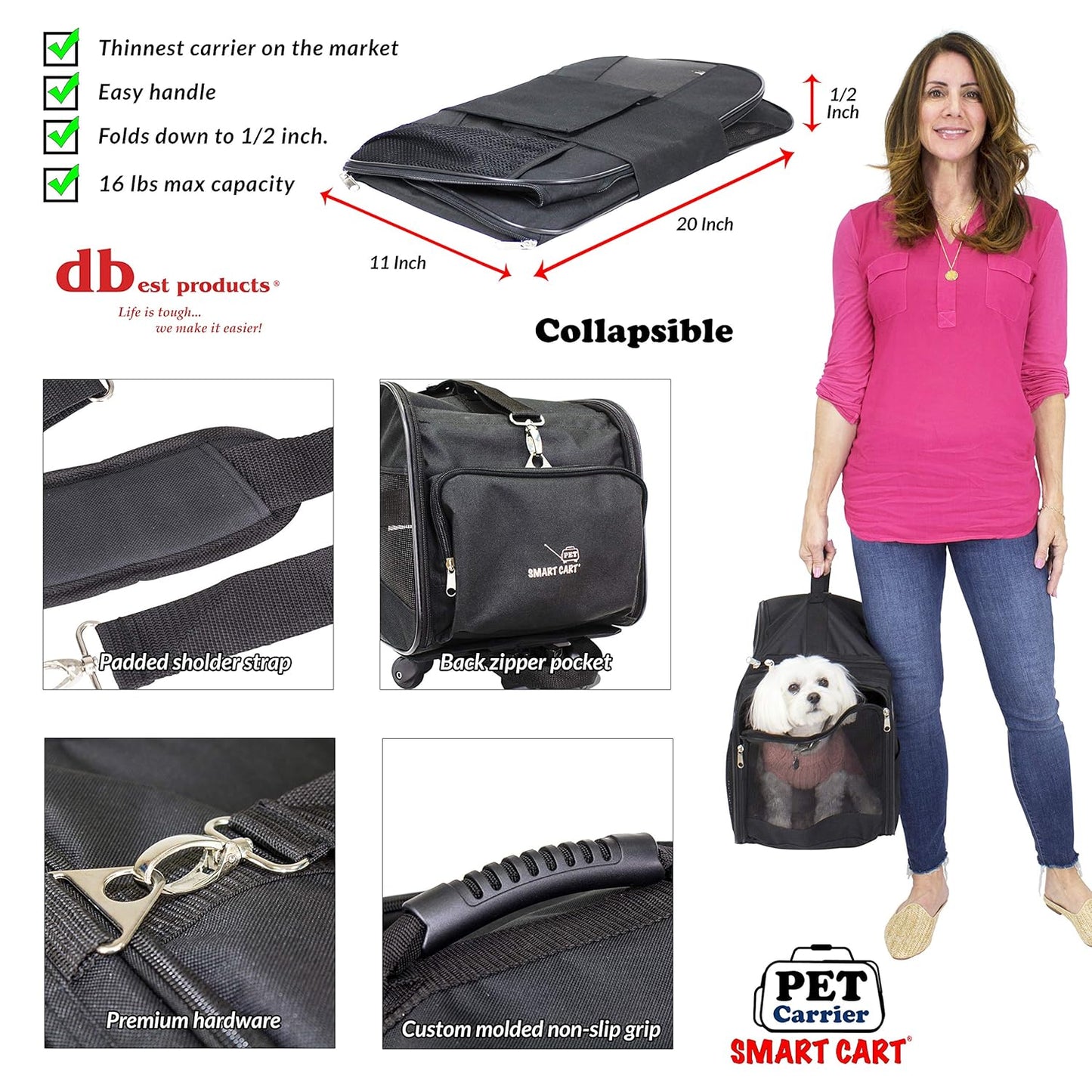 dbest products Pet Smart Cart Carrier, Medium, Black, Soft Sided Collapsible Folding Travel Bag, Dog Cat Airline Approved Tote Luggage Backpack