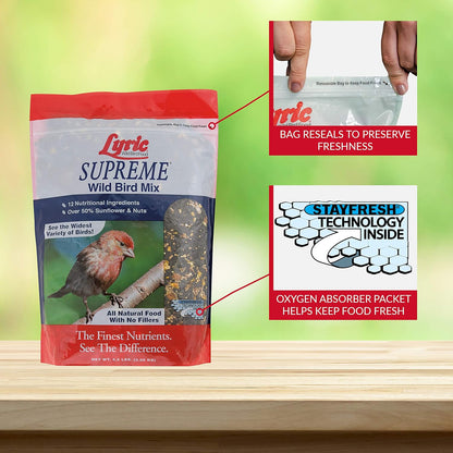 Lyric Supreme Wild Bird Seed for Outside Feeders - Wild Bird Food Mix with Nuts & Sunflower Seeds, Attracts Many Beautiful Songbirds, 13.5 lb (Pack of 3-4.5 lb Bags)