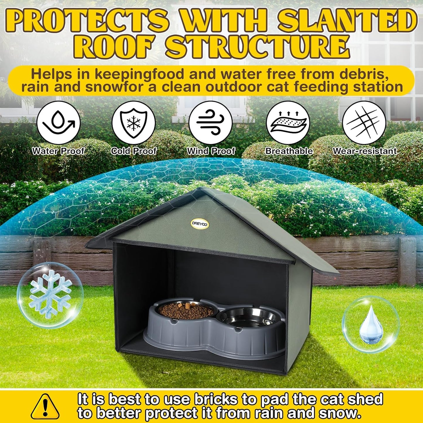 Dreyoo 1 Pack Outdoor Cat Feeding Station for Food & Water, Weatherproof Outdoor Kitty Dining Room Cat Shelter for Stray, Feral Cats and Community Cats, 13”d x 17”w x 15.5'h (Dark Green)