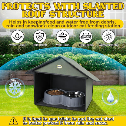 Dreyoo 1 Pack Outdoor Cat Feeding Station for Food & Water, Weatherproof Outdoor Kitty Dining Room Cat Shelter for Stray, Feral Cats and Community Cats, 13”d x 17”w x 15.5'h (Dark Green)