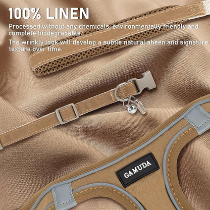 GAMUDA Small Pet Harness Collar and Leash Set, Step in No Chock No Pull Linen Fabric Soft Mesh Dog Vest Harnesses Reflective for Dogs Puppy Cats Kitten Rabbit (Brown, XL)