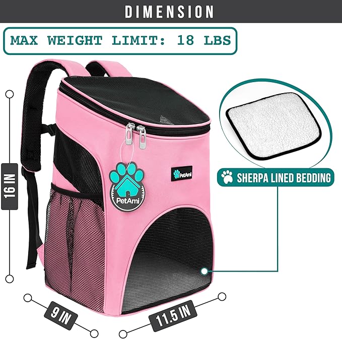 PetAmi Small Dogs and Cat Backpack Carrier, Airline Approved Pet Backpack Carrier, Ventilated, Safety Strap, Buckle Support Designed for Hiking Travel Camping Outdoor, Max 18 lbs (Pink)