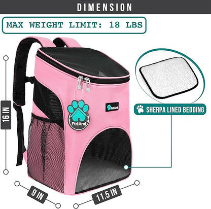 PetAmi Small Dogs and Cat Backpack Carrier, Airline Approved Pet Backpack Carrier, Ventilated, Safety Strap, Buckle Support Designed for Hiking Travel Camping Outdoor, Max 18 lbs (Pink)