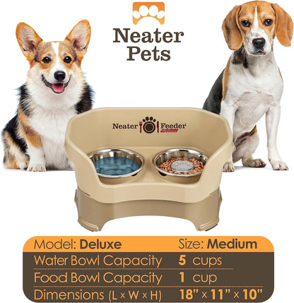 Neater Feeder Deluxe Mess Proof Dog Bowls Elevated for Medium Sized Breeds – Made in USA – No Spill Raised Slow Feeder Elevated Dog Bowl Stand, Stainless Steel Food and Water Bowl Set, Cappuccino
