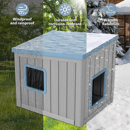 Outdoor Cat House, Cat Houses for Outdoor Indoor Cats, Clawsable Cat House Weatherproof, Feral Cat Shelter, Resin Insulated Material, Emergency Exit Easy to Clean and Install, Blue