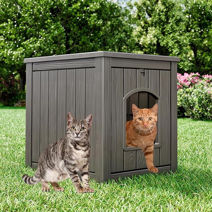KAMABOKO Outdoor Cat House, Weatherproof PP Plastic Cat Shelter for Indoor & Outdoor Use, Durable All-Season Pet House for Feral & Stray Cats, Gray