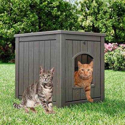 KAMABOKO Outdoor Cat House, Weatherproof PP Plastic Cat Shelter for Indoor & Outdoor Use, Durable All-Season Pet House for Feral & Stray Cats, Gray