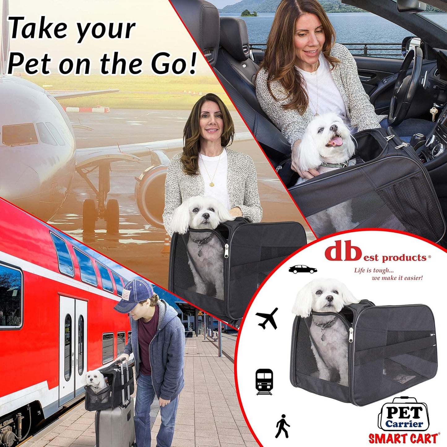 dbest products Pet Smart Cart Carrier, Medium, Black, Soft Sided Collapsible Folding Travel Bag, Dog Cat Airline Approved Tote Luggage Backpack