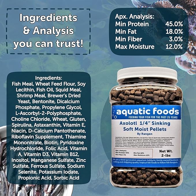 Aquatic Foods Inc. Axolotl Food, 1/4" Soft Moist Sinking Pellets, Rangen's Salmon Meal Pellets for Adult Axolotl. Also Shrimp, Snails, Crabs, Bottom Fish, All Tropical Fish...12oz Small Jar